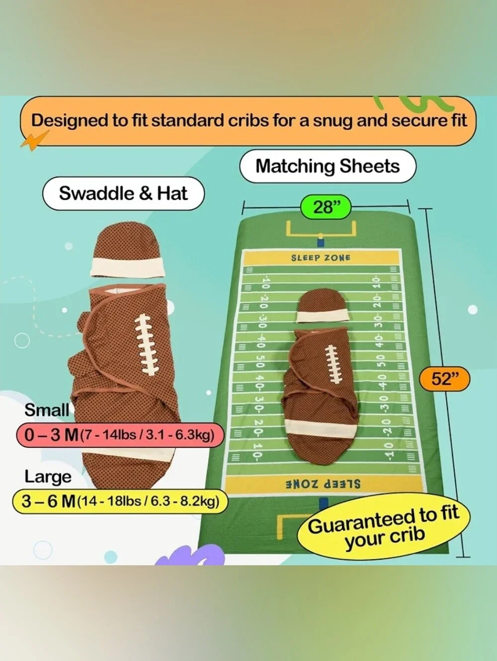 Cuddle Club Newborn Swaddle Set - Crib Sheet, Swaddle Blanket and Hat - Football